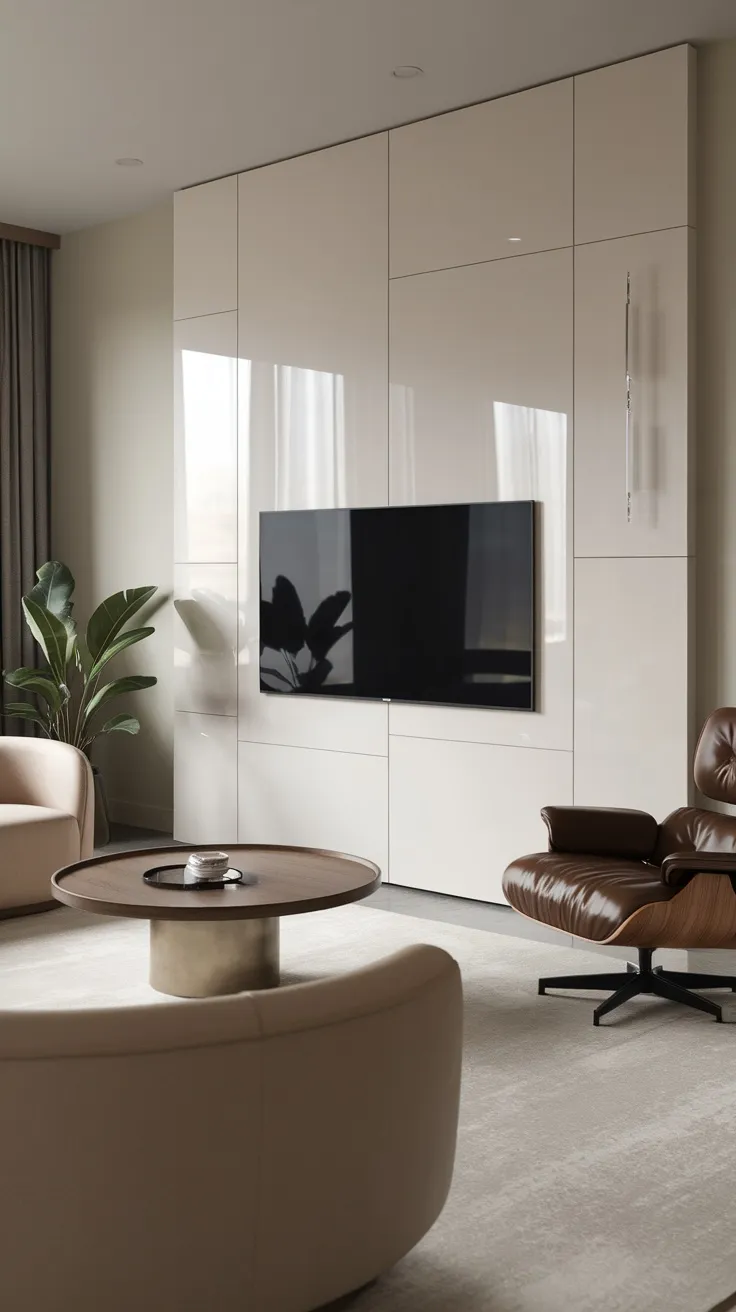 Living room with glossy white panel wall and modern furniture