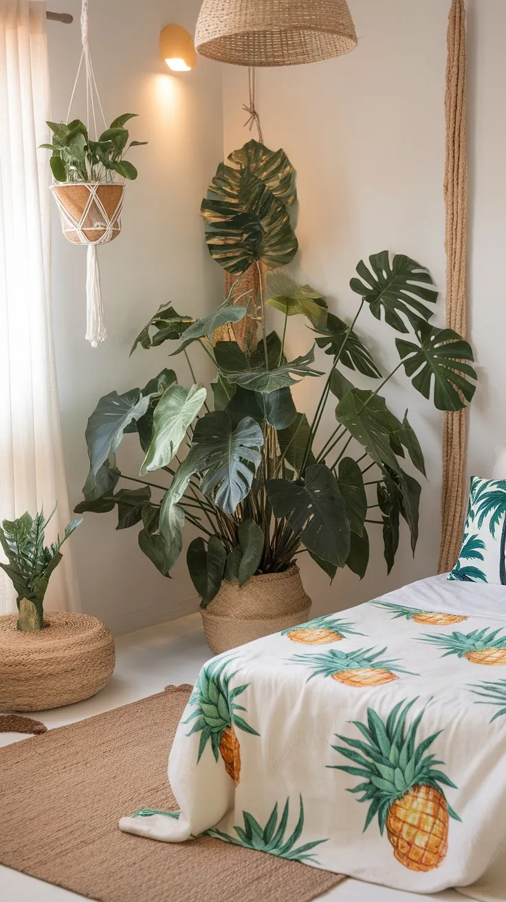 A bedroom featuring a large Monstera plant, a cozy blanket with pineapples, and natural decor elements.