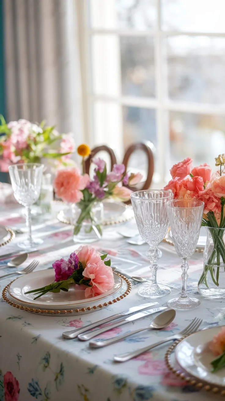 A beautifully set dining table with a light floral tablecloth and fresh flowers.