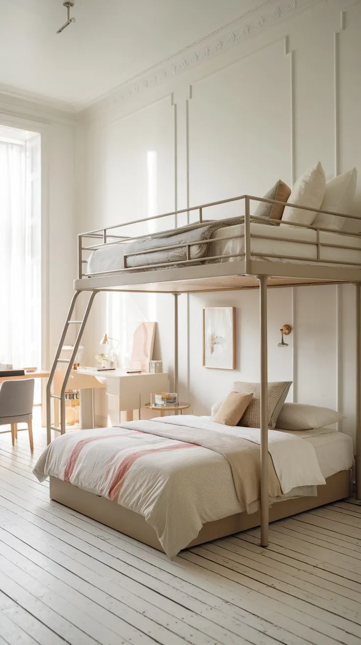 A modern room with a loft bed on top and a lower bed underneath, featuring a clean and stylish design.