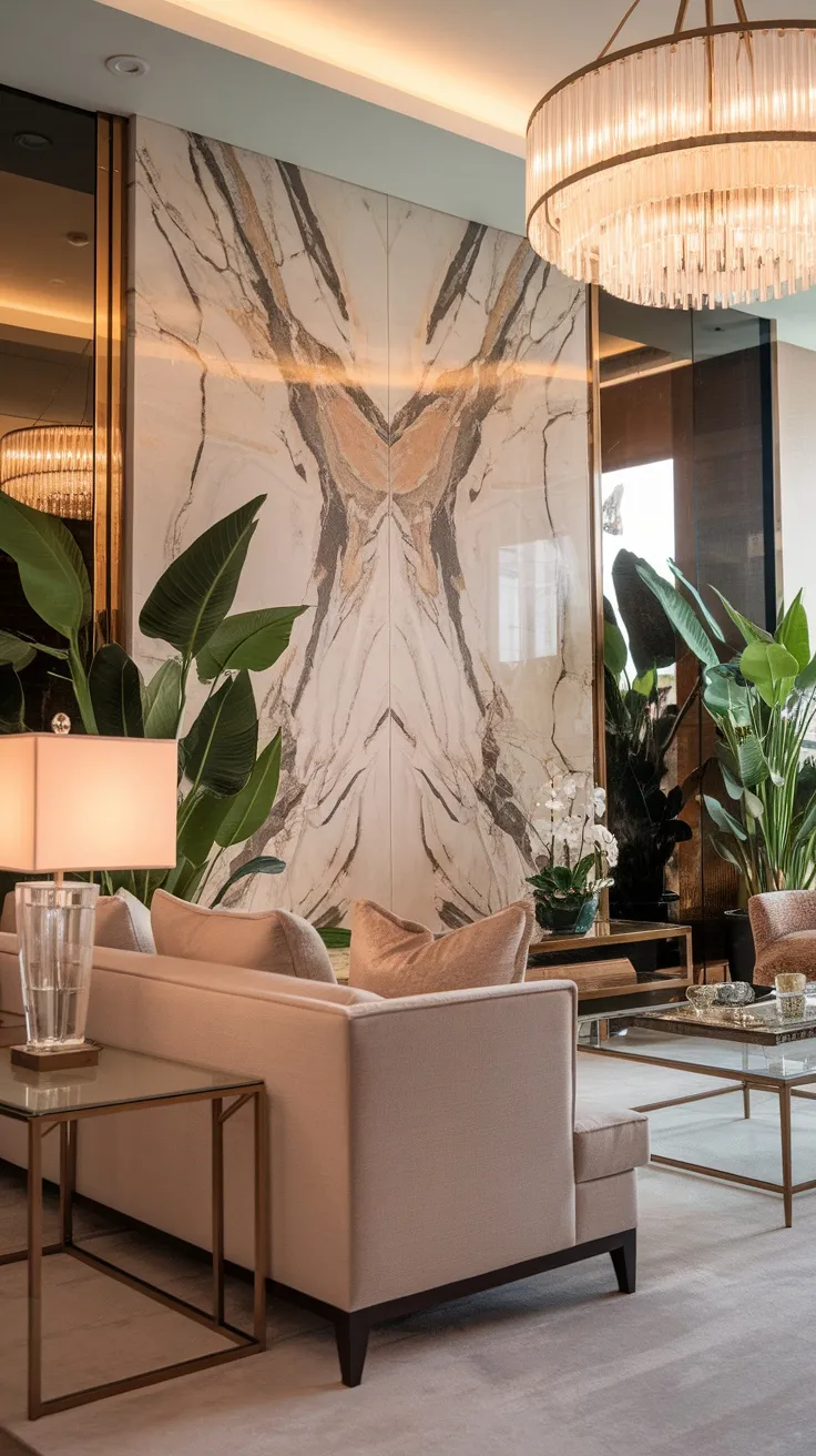Living room featuring a stunning marble wall panel, elegant furniture, and decorative plants.
