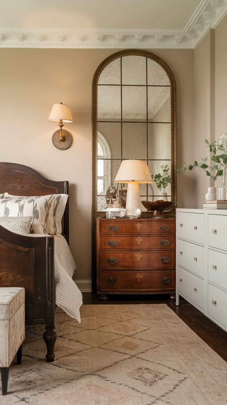 A bedroom featuring a mix of antique and modern furniture, with a wooden bed, a white dresser, and a large vintage mirror.