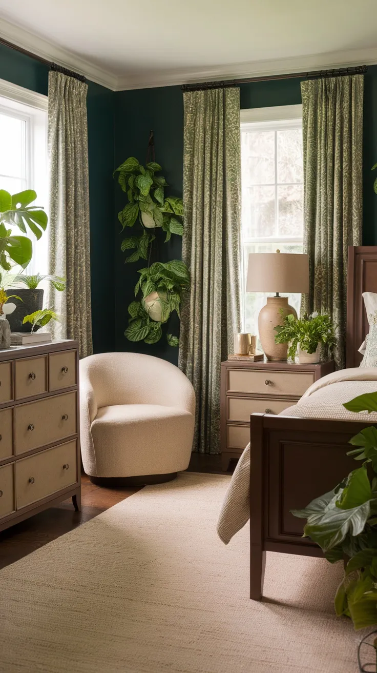 Cozy bedroom with dark green walls, brown furniture, and beige accents, featuring plants and natural light.