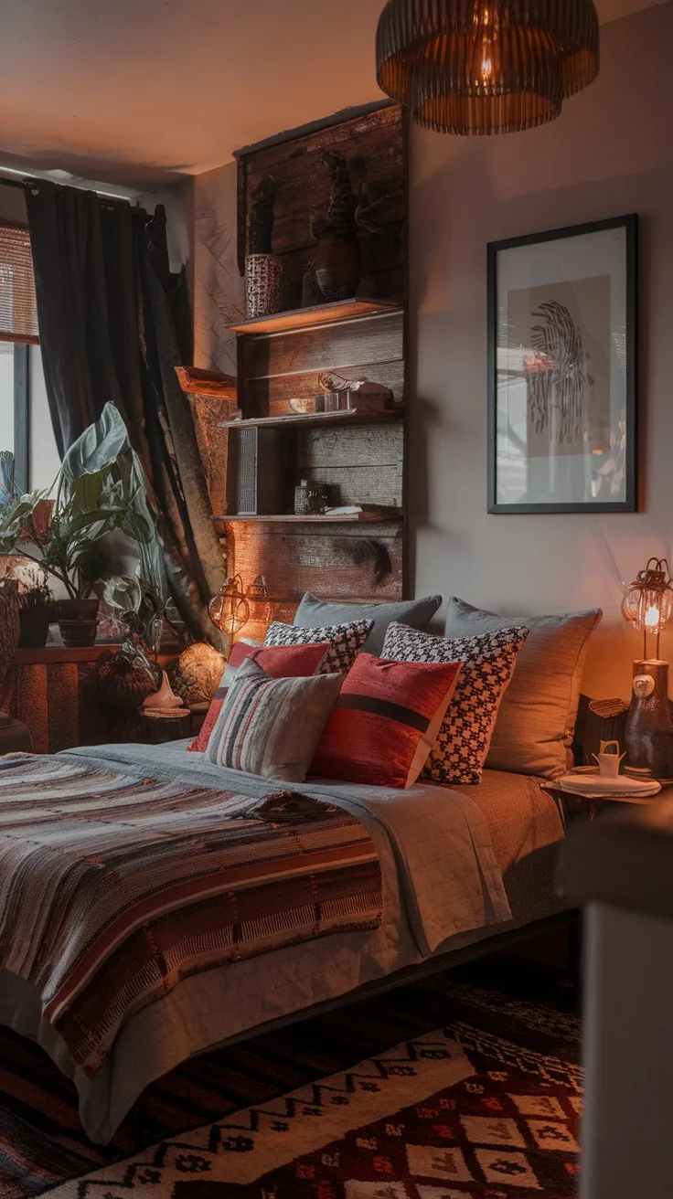Cozy bedroom with a mix of patterned and solid pillows on the bed, showcasing visual interest.