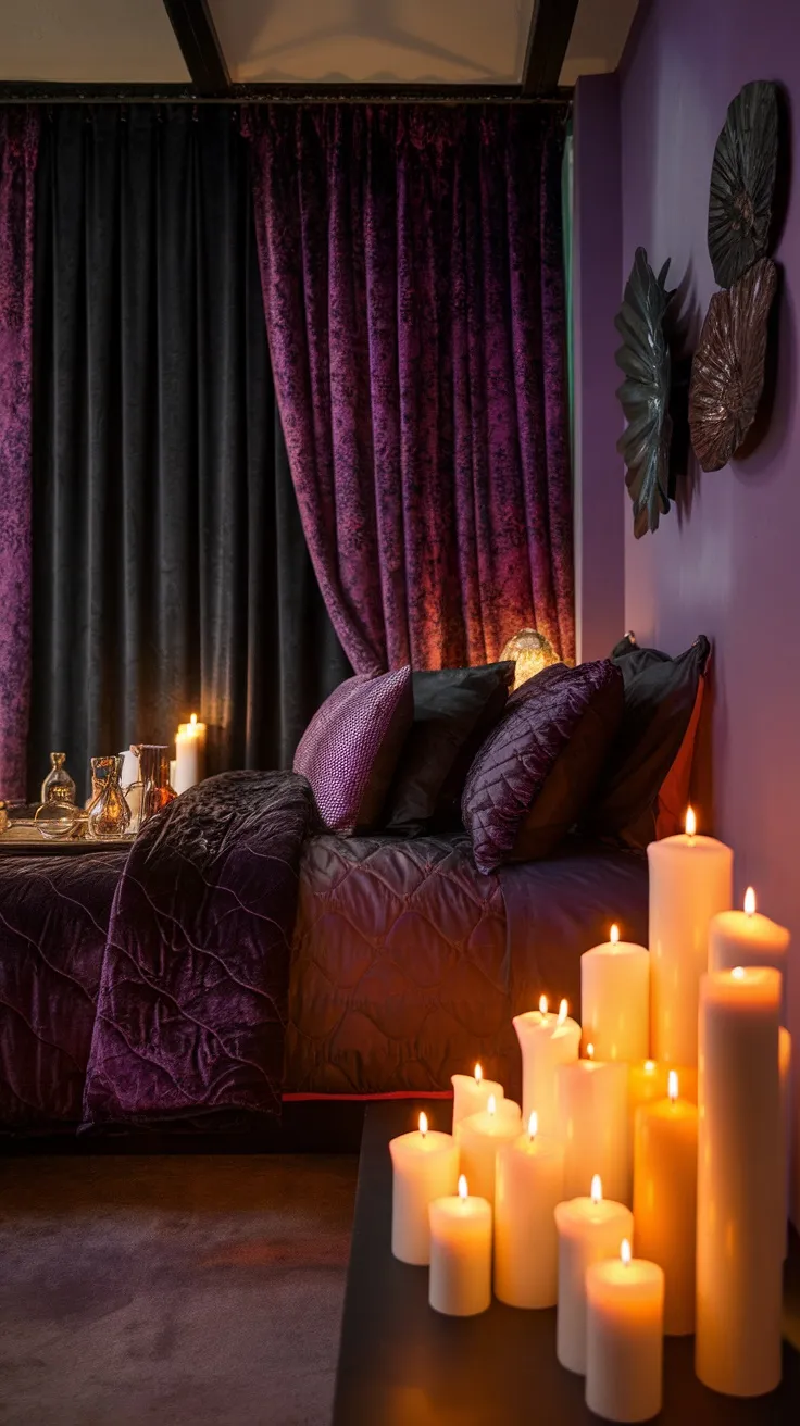 A moody bedroom with purple and black decor, featuring candles and textured fabrics.