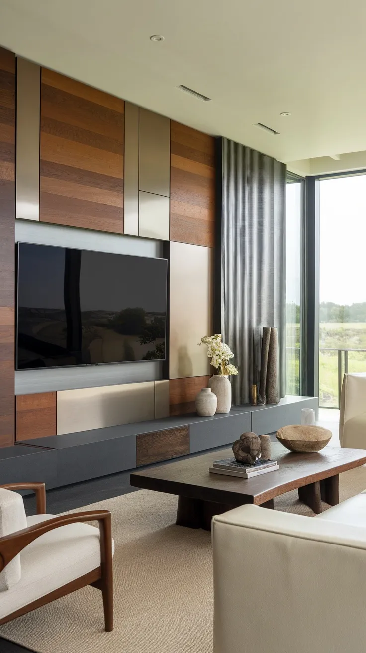 A modern living room with a mix of wood and metal wall paneling, featuring a mounted TV and stylish decor.