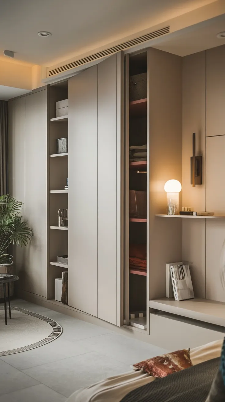 A stylish room featuring a Murphy bed that folds up into the wall, with modern storage and lighting.