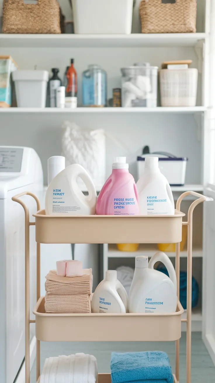 Rolling cart with laundry supplies in a neatly organized laundry room
