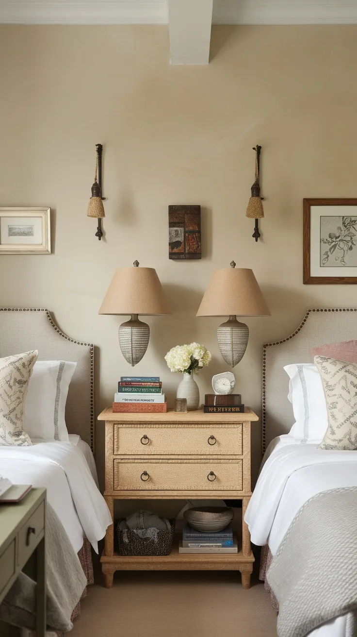 A cozy bedroom with two beds and a shared nightstand between them, featuring lamps, books, and a vase of flowers.
