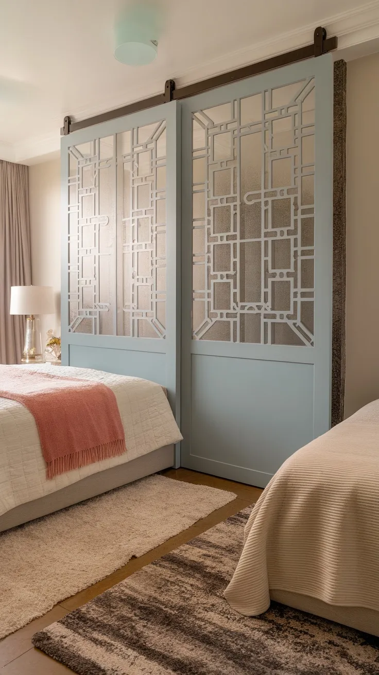 A room with two beds separated by a stylish sliding partition.