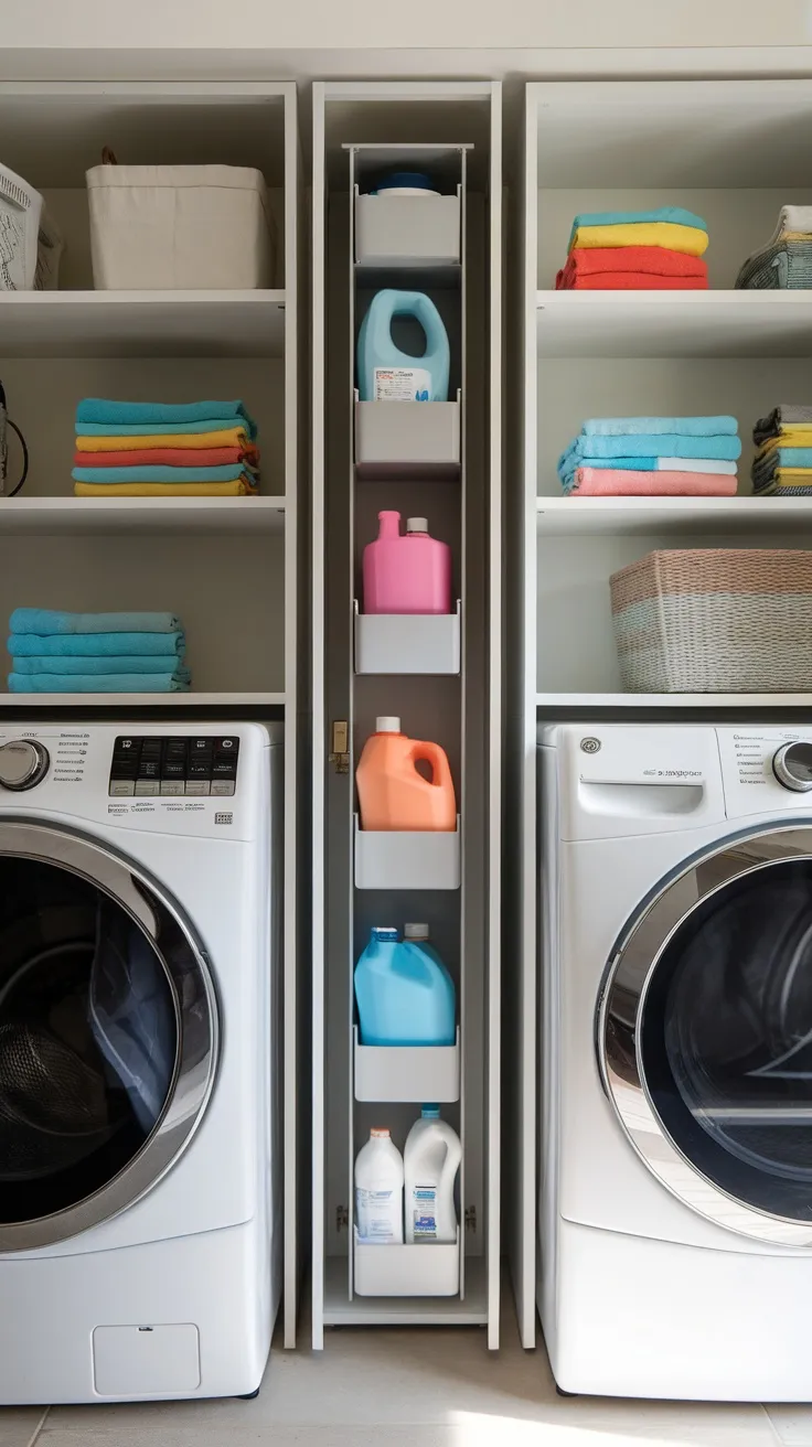 A slim storage tower placed between a washer and dryer, filled with laundry essentials, with colorful towels neatly arranged on shelves.
