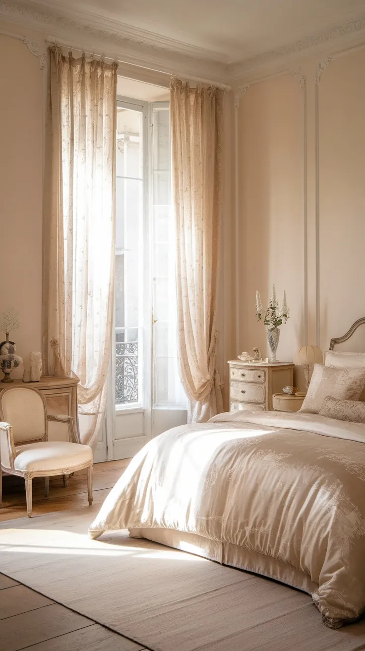 A cozy French bedroom featuring soft beige walls, sheer curtains, and warm wood furniture.