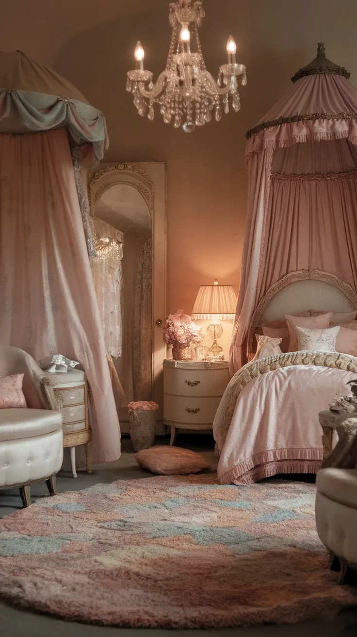 A vintage bedroom featuring a soft, round pastel colored rug, elegant chandelier, and delicate furnishings.
