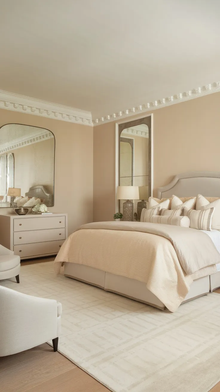 Elegant bedroom with neutral colors and mirrors reflecting light