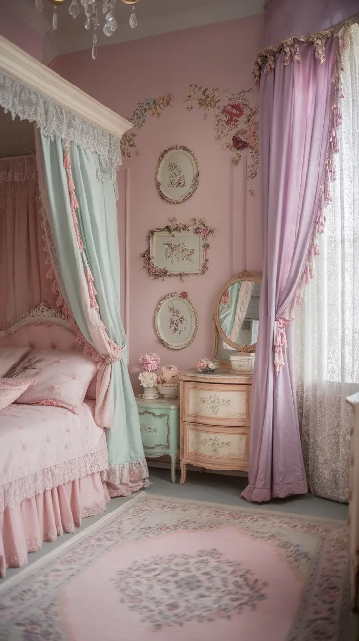 A vintage princess bedroom featuring soft pastel colors, including pink and mint, with floral decor and elegant furniture.