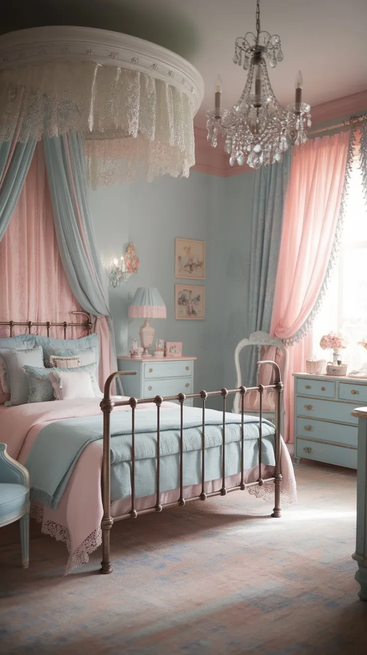 A vintage bedroom decorated in soft pastel colors with a charming bed, lace details, and elegant chandelier.