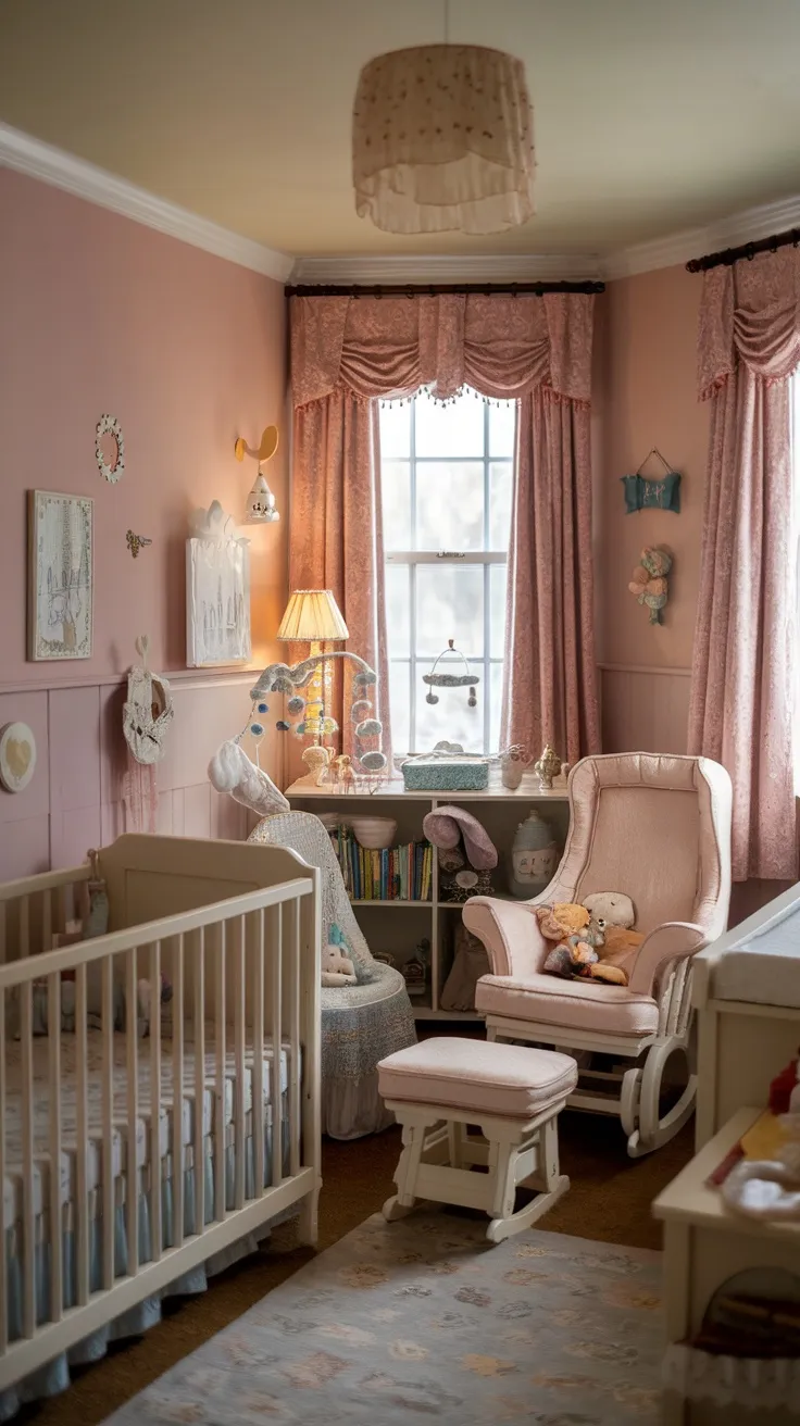 A vintage nursery showcasing a soft pastel color palette with a crib, rocking chair, and soft curtains.
