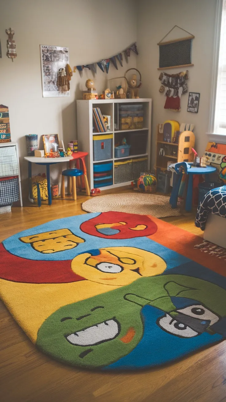 A colorful rug with fun characters in a cozy boy's bedroom