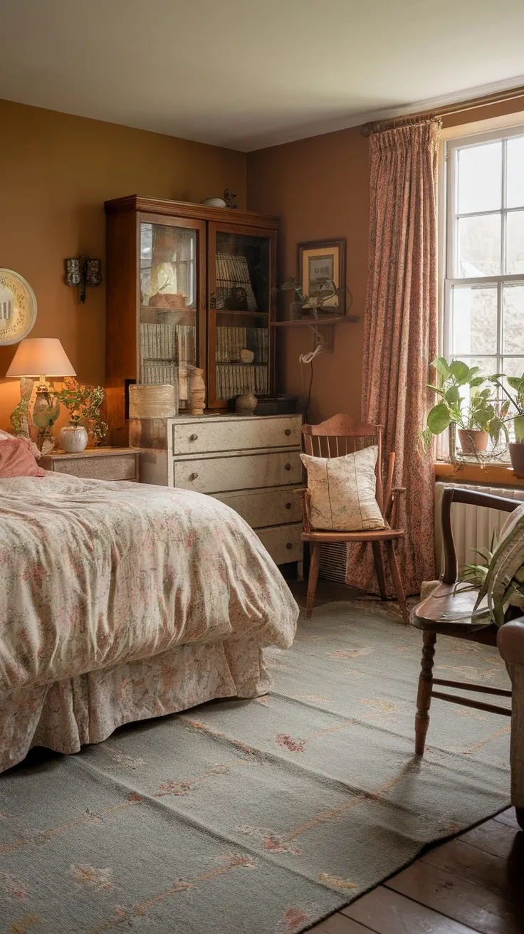 Cozy English cottage bedroom with a soft area rug, floral bedspread, and warm colors