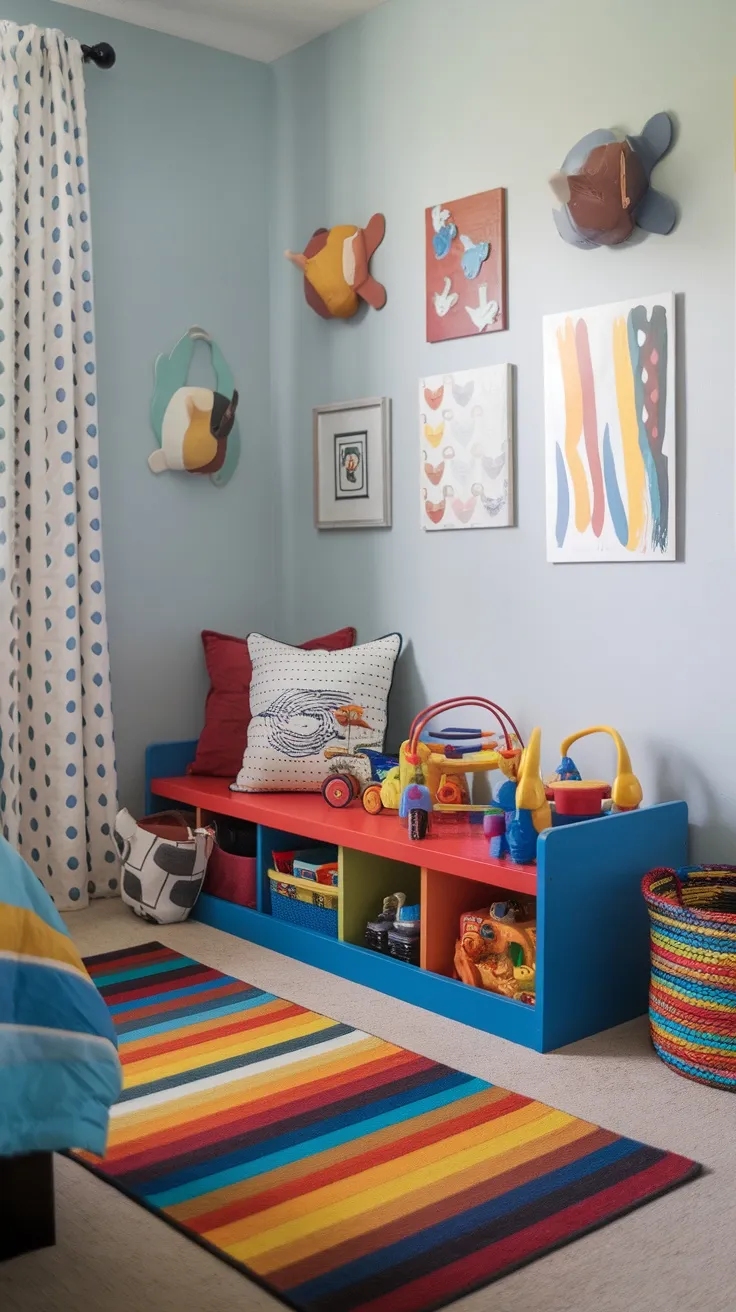 A colorful toddler boy's bedroom featuring a storage bench for toys, a bright rug, and playful wall art.