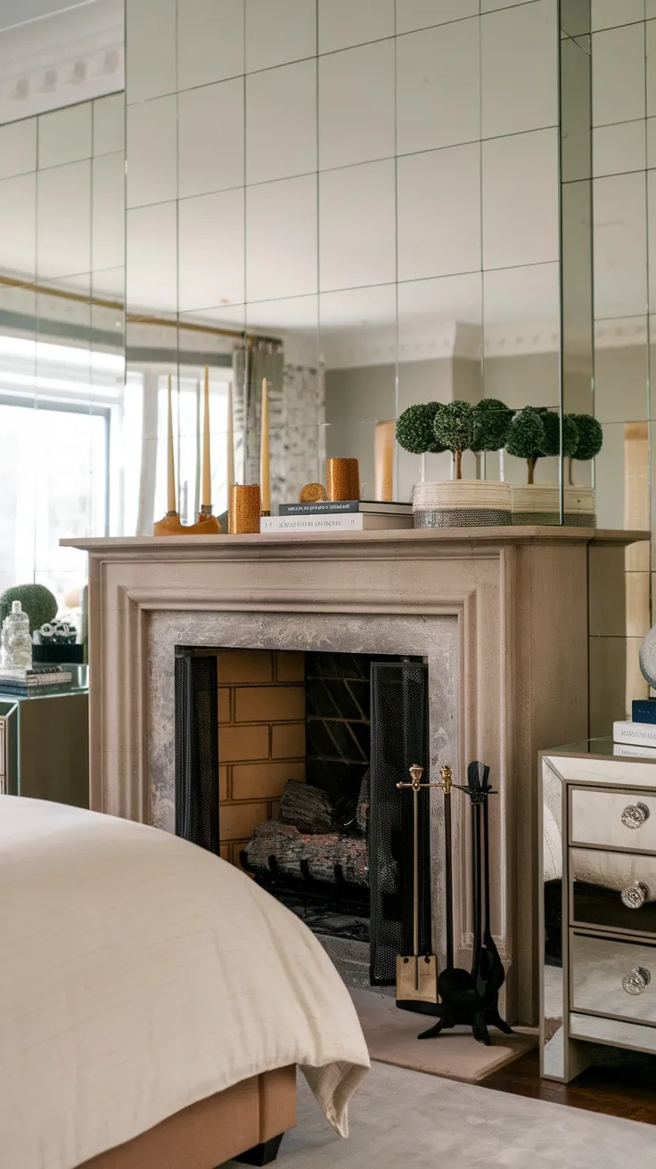 A traditional fireplace with a modern mantel display featuring decorative items and mirrors in a stylish bedroom.