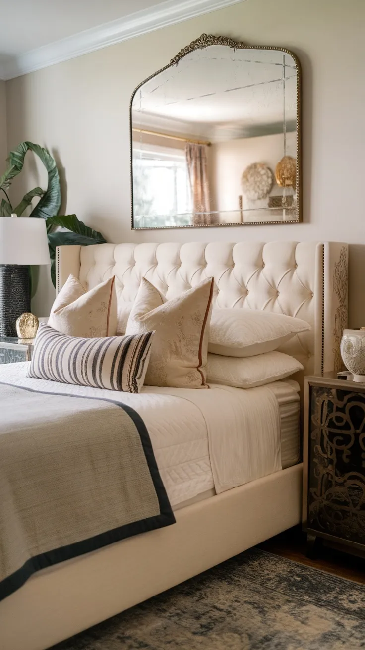 Cozy bedroom featuring a tufted headboard with decorative pillows and a vintage mirror above.