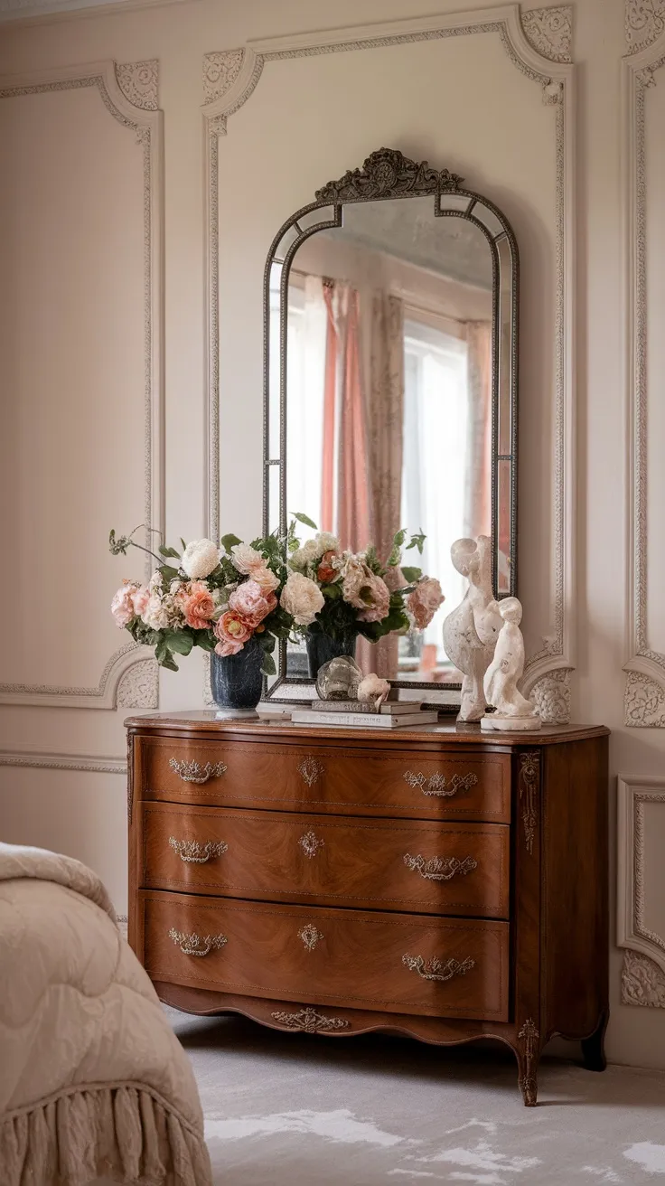 A vintage wooden dresser with classic detailing, adorned with flowers and decorative items.