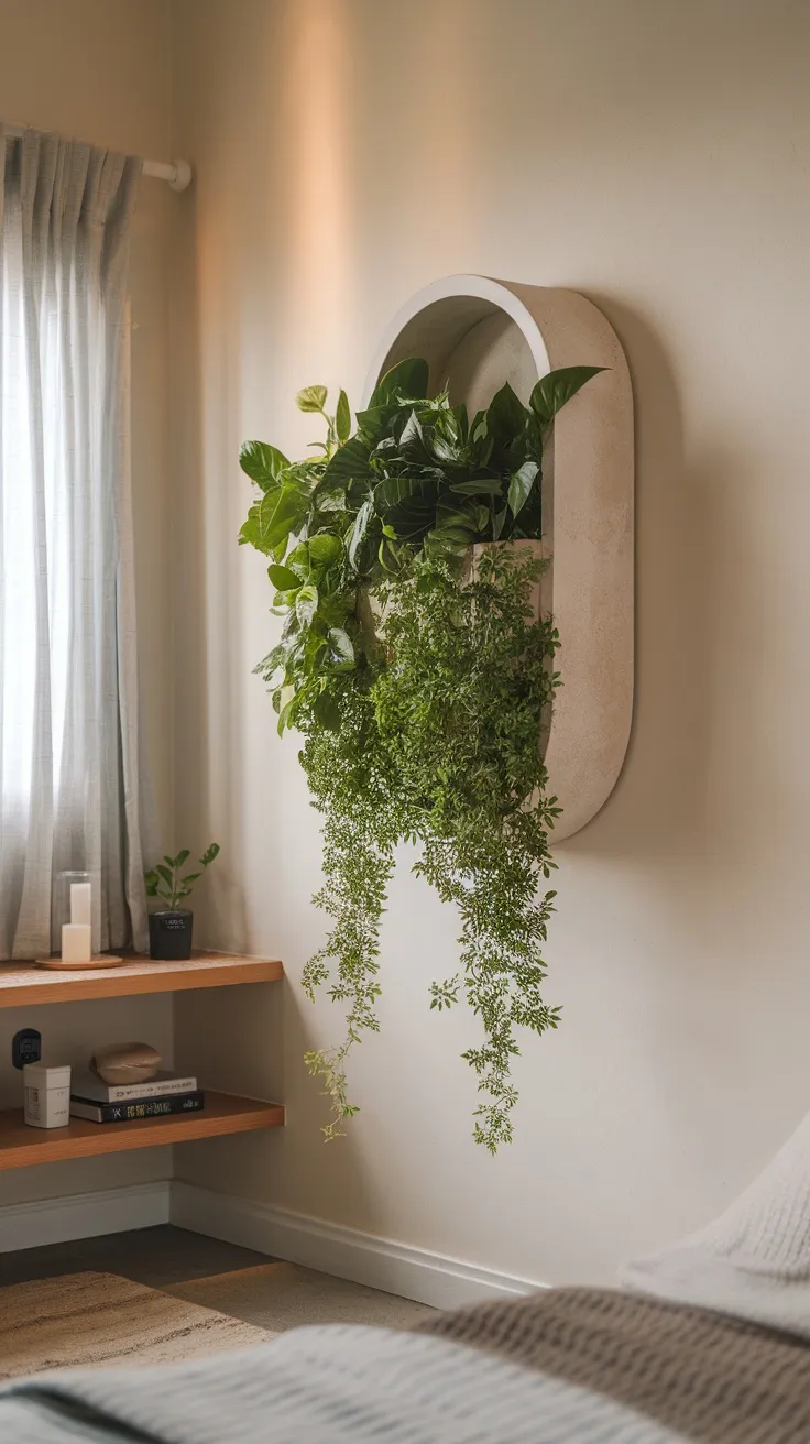 A wall-mounted planter filled with green plants, adding decoration to a bedroom wall.
