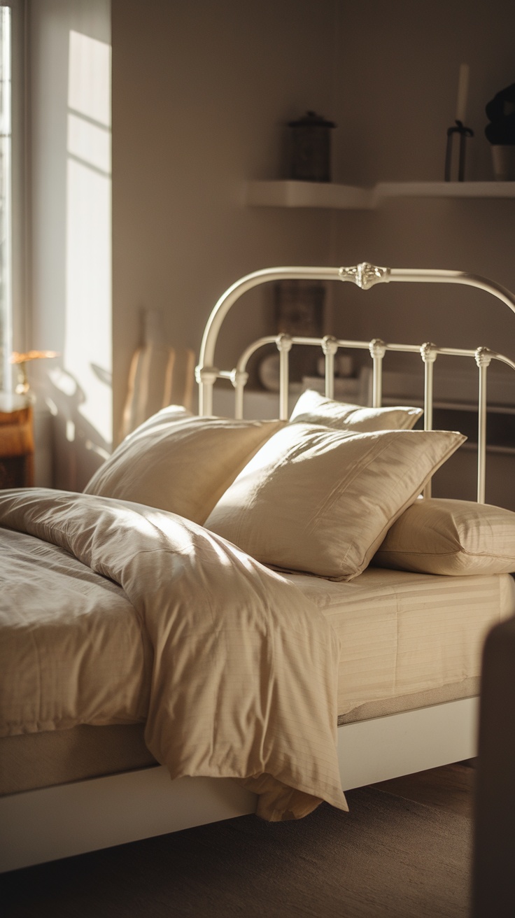 A cozy bedroom featuring a white bed frame with cream-colored sheets and pillows illuminated by soft sunlight.