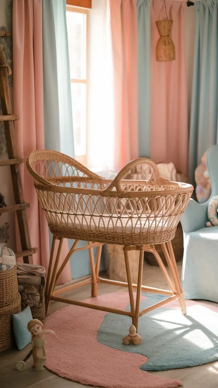 A wicker bassinet in a bright nursery with pastel curtains and soft rugs.