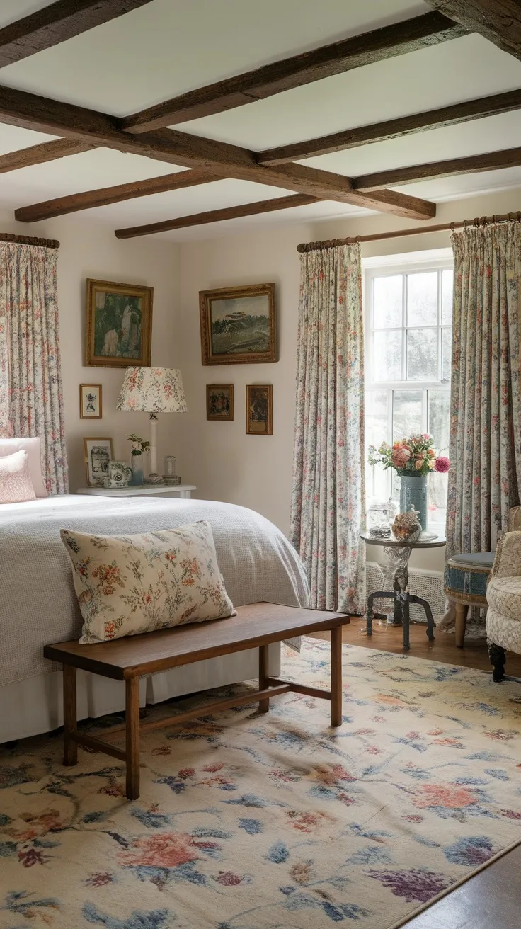 Cozy English cottage bedroom featuring a wooden bench at the foot of the bed with floral curtains and warm decor.