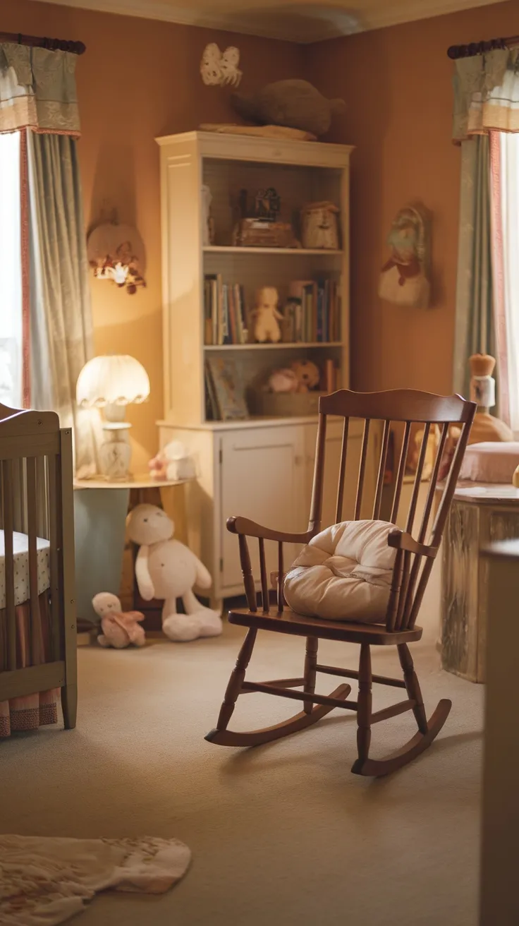A cozy nursery with a wooden rocking chair, soft decor, and a warm atmosphere.