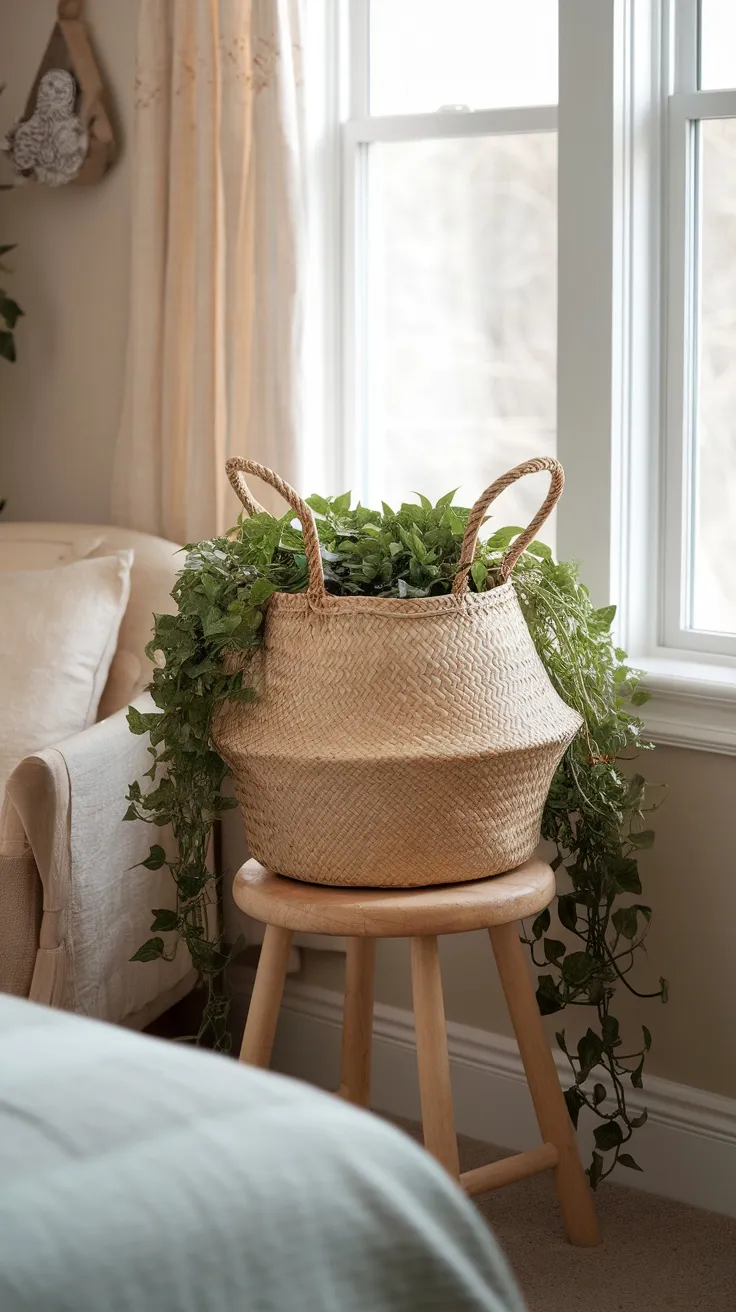 A woven basket planter with green plants overflowing, displayed on a wooden stool in a cozy bedroom.