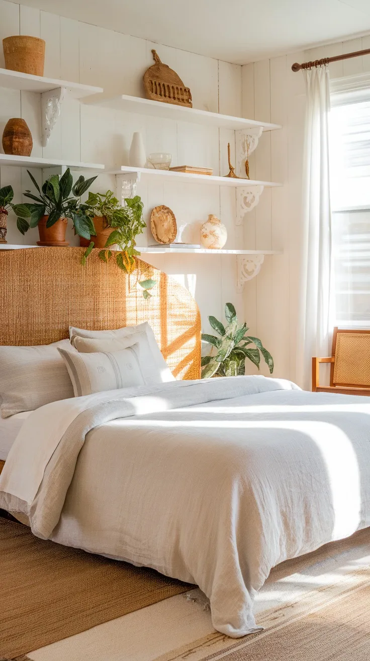 A cozy bedroom featuring a woven rattan headboard, soft gray bedding, and plants on shelves.