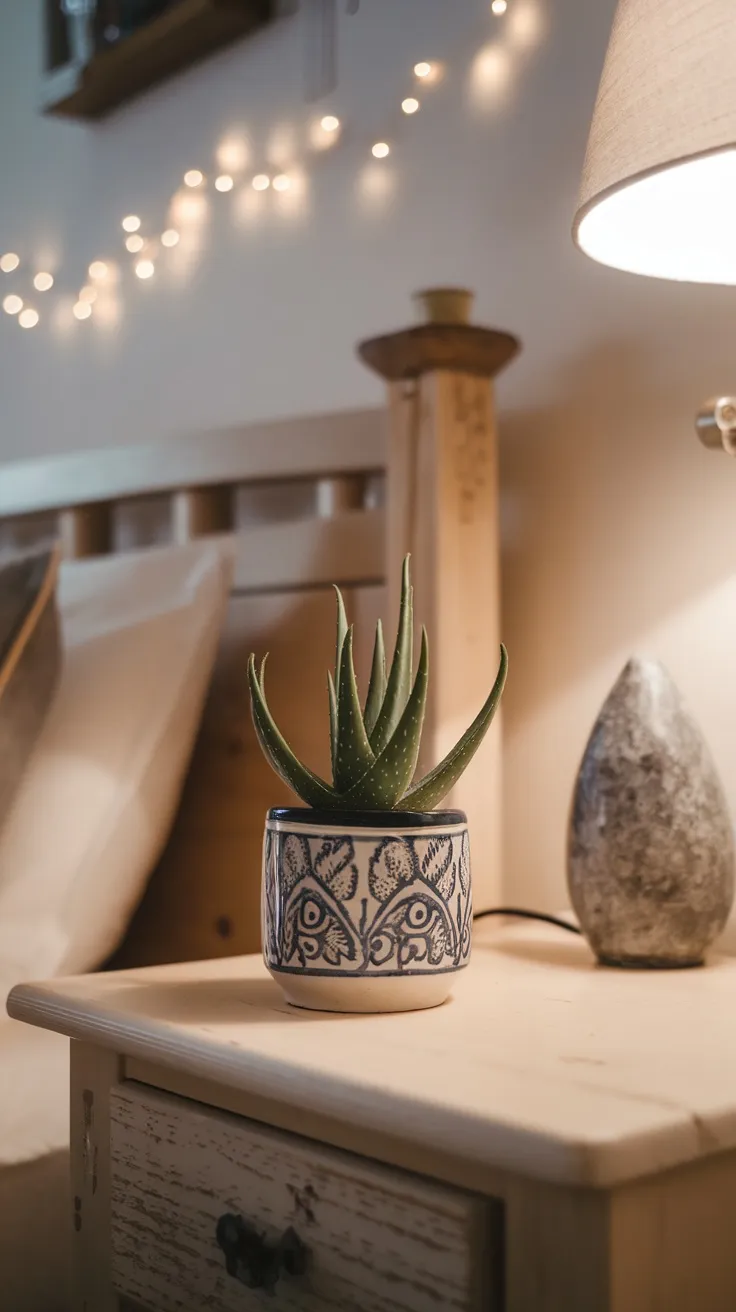 Aloe vera plant in a decorative blue pot on a bedside table with warm lighting.