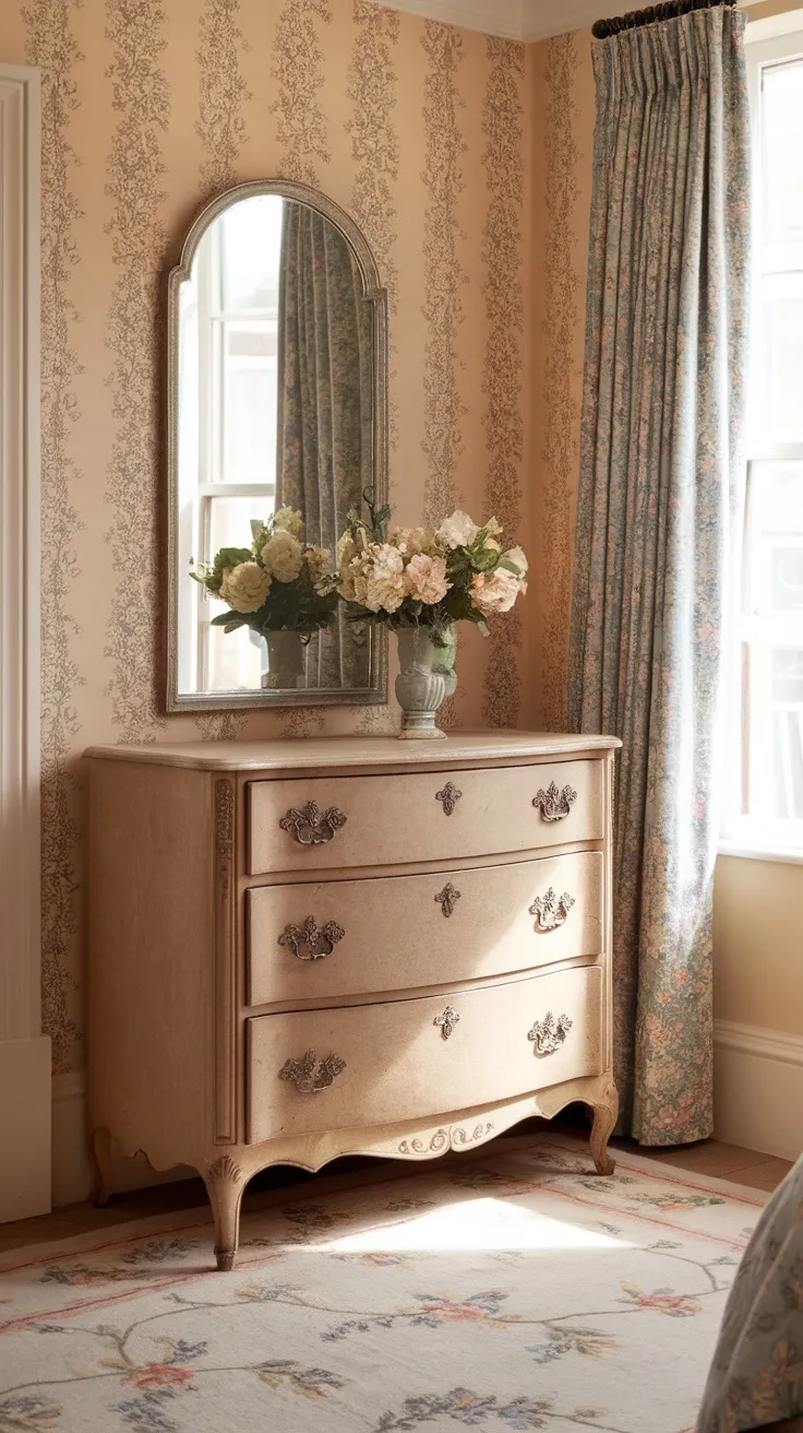 An antique dresser with vintage-style hardware, decorated with flowers, in a cozy bedroom