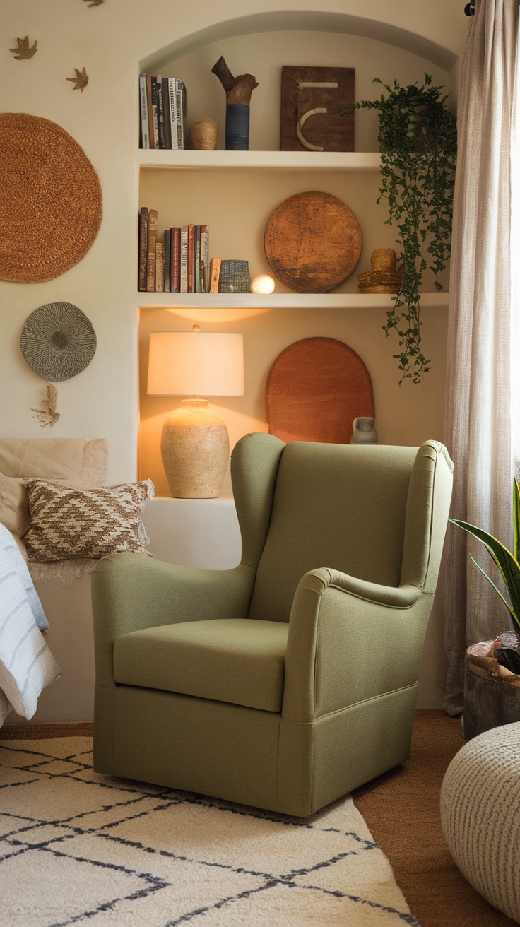 An olive green accent chair in a cozy bedroom setting.