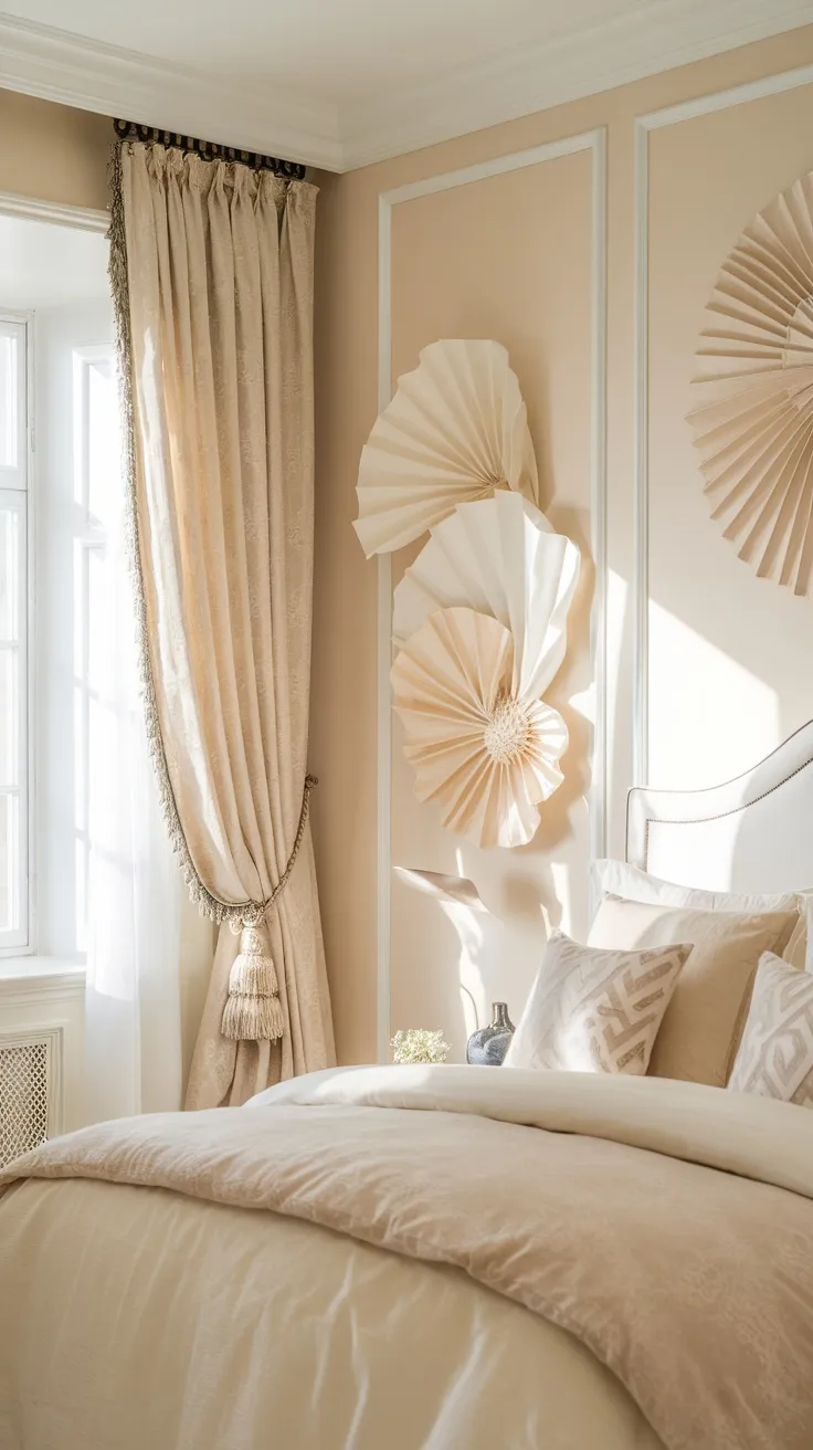 A cozy bedroom featuring cream and white colors with decorative wall art.