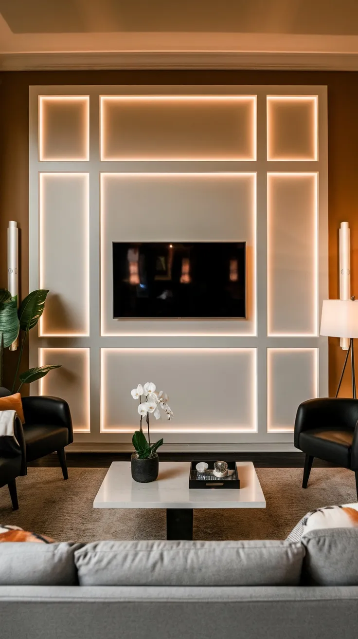 Living room with backlit wall panels surrounding a TV, featuring a modern and cozy design.