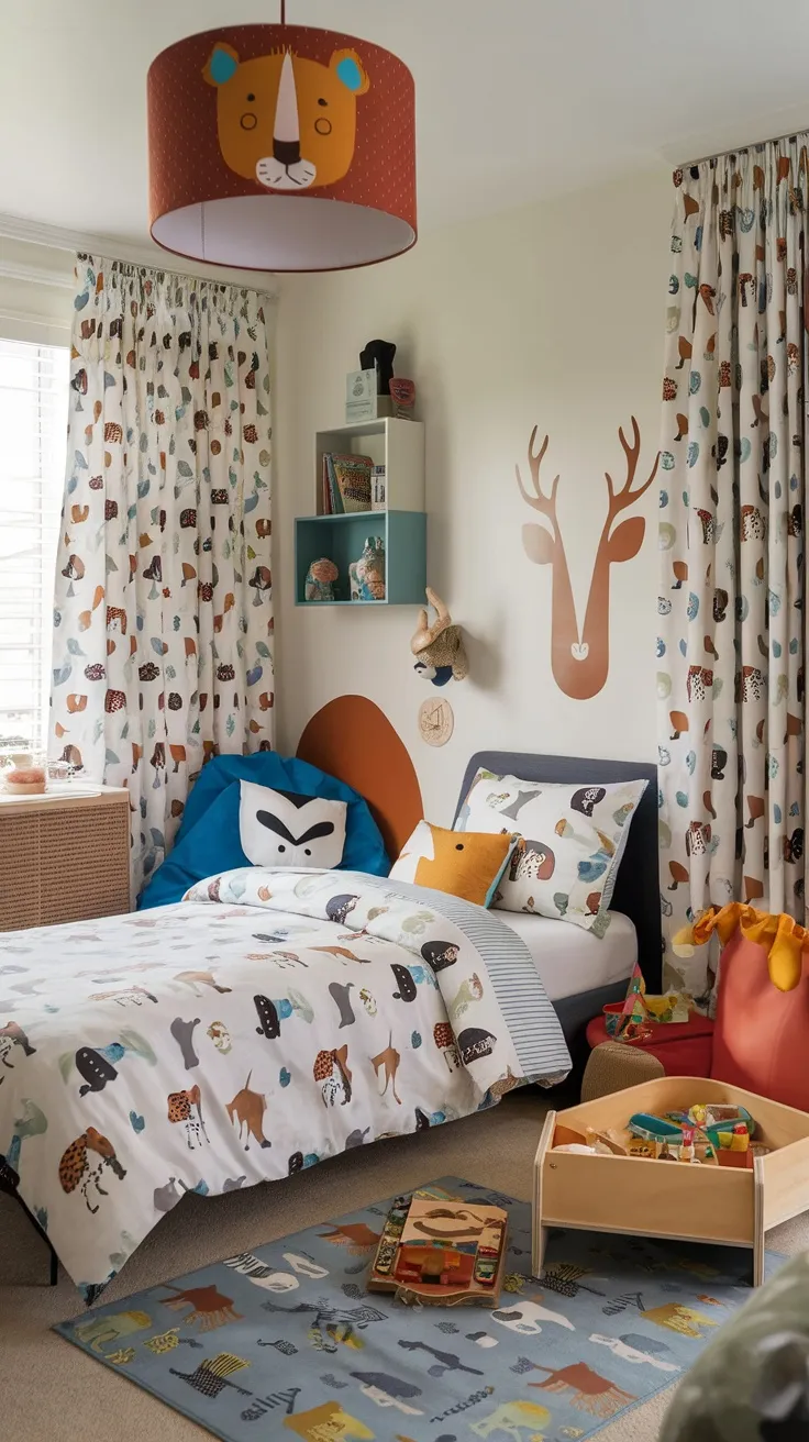A colorful kids bedroom featuring animal-themed bed sheets and curtains.
