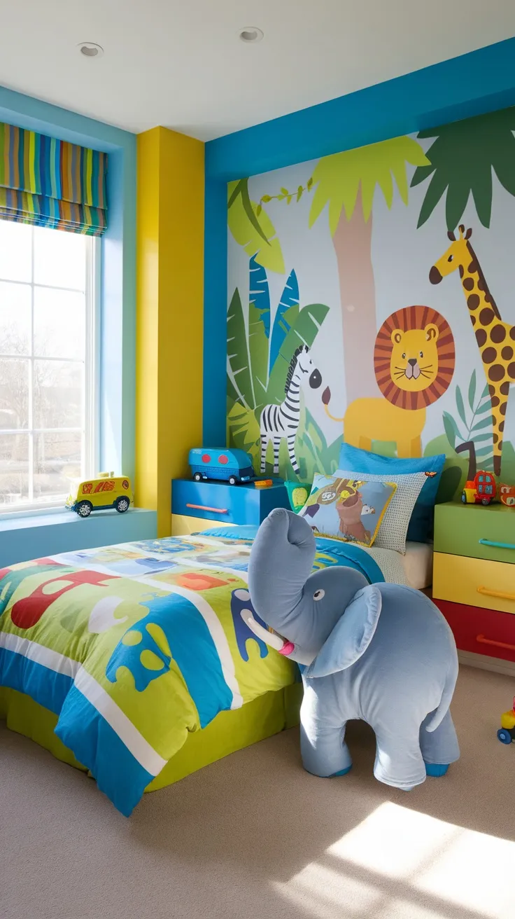 A colorful boys bedroom featuring bright blue and yellow walls, jungle animal wallpaper, and vibrant bedding with playful patterns.