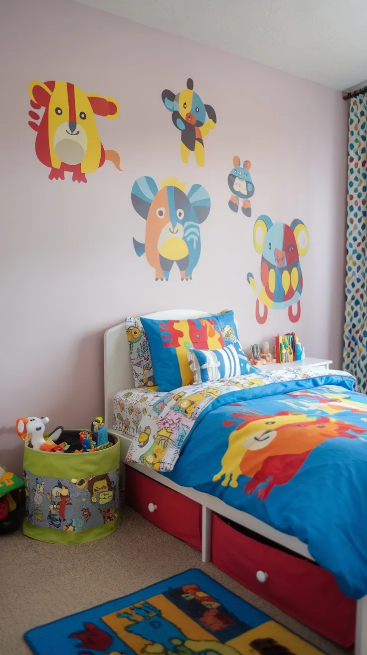 A colorful toddler boy bedroom with bright animal wall decals, playful bedding, and organized toy storage.