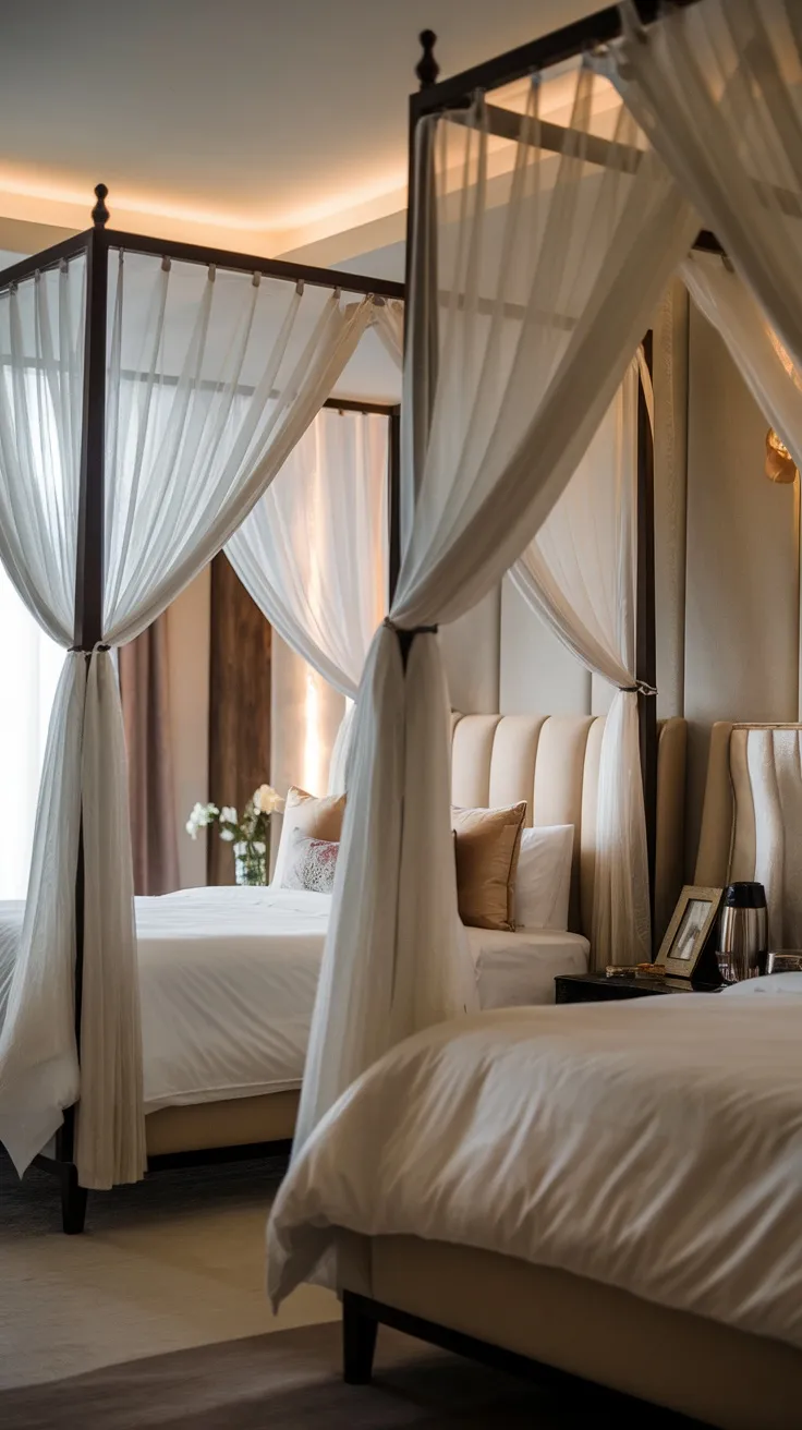 Two beds with canopy curtains creating a private and stylish touch in a room.