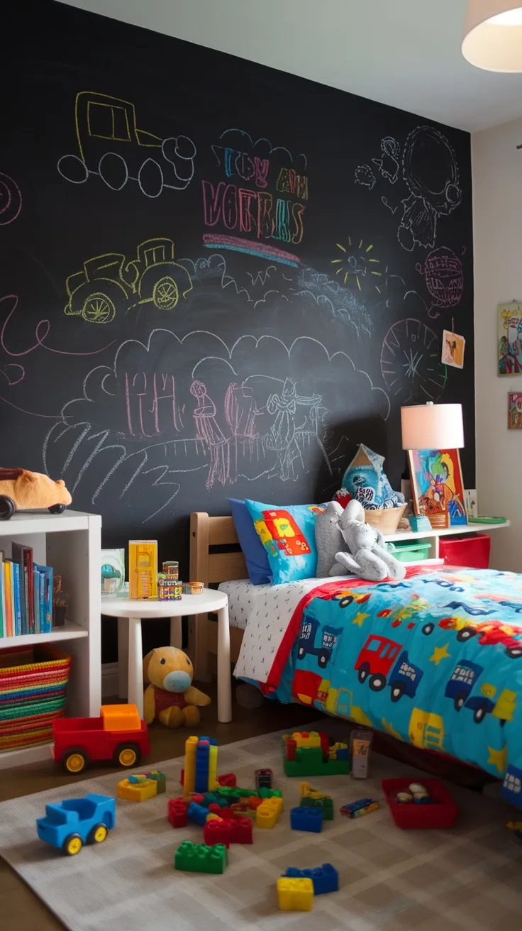 A colorful toddler's bedroom featuring a chalkboard wall with drawings, toys scattered on the floor, and a cozy bed.