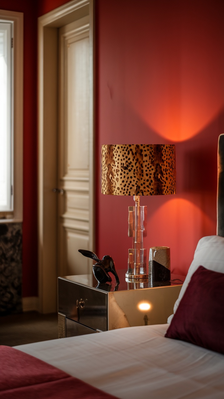 A red bedroom featuring a cheetah print lampshade on a bedside table