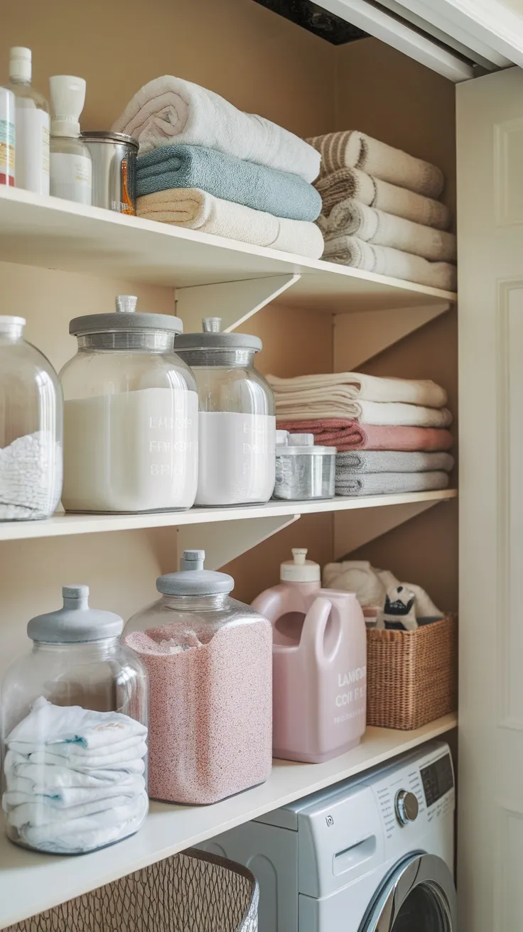 A neatly organized laundry room shelf with clear jars of detergent and fabric softener, along with neatly folded towels.