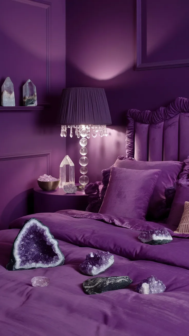 A cozy purple bedroom featuring amethyst and crystal decor.