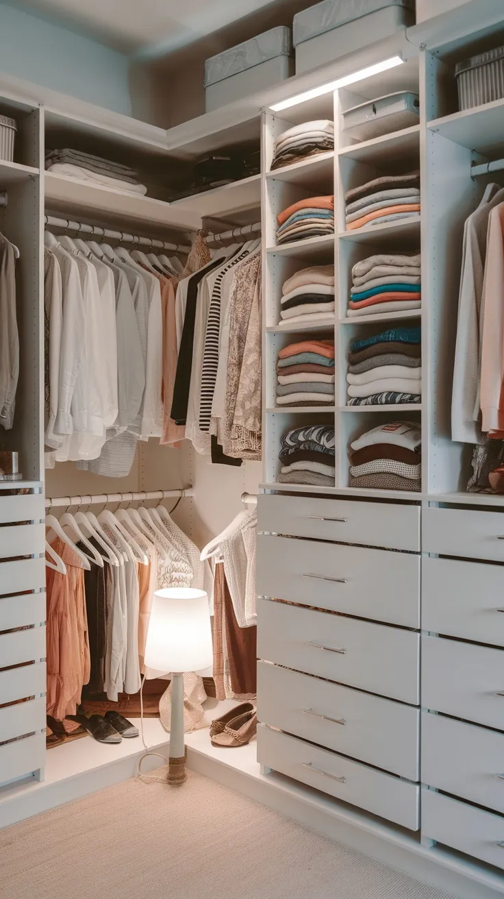 Organized built-in closet with custom drawers and dividers, featuring neatly folded clothes and hanging garments.