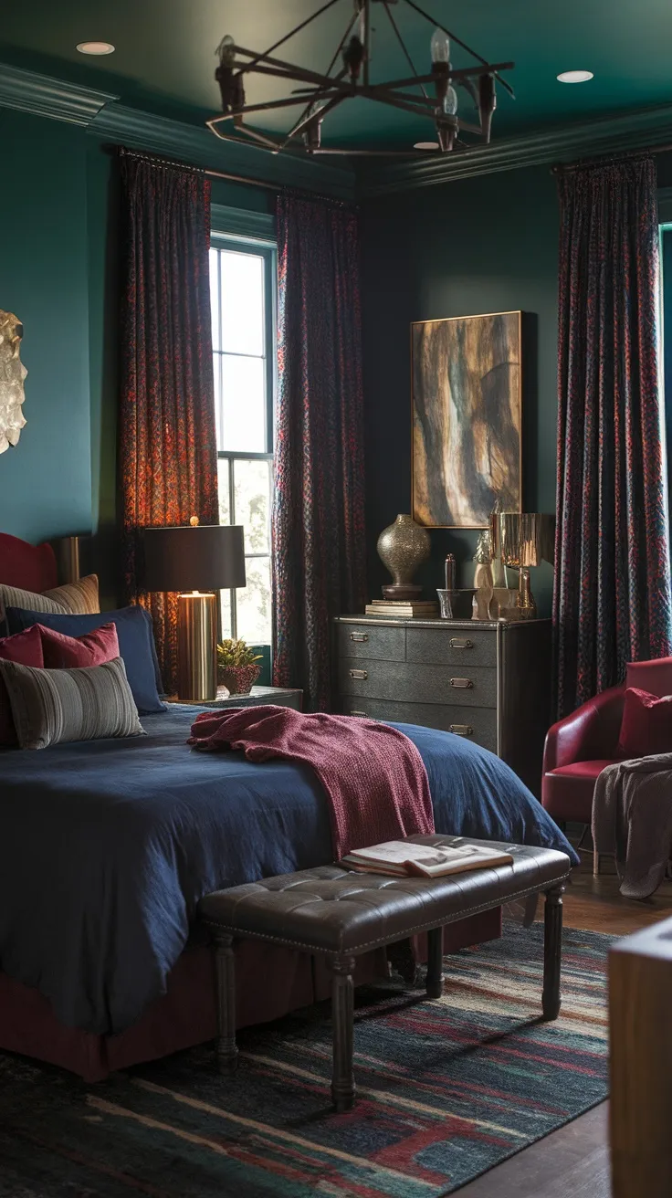 A moody bedroom featuring deep green walls, a navy and burgundy bedspread, and patterned curtains, creating a cozy and bold look.