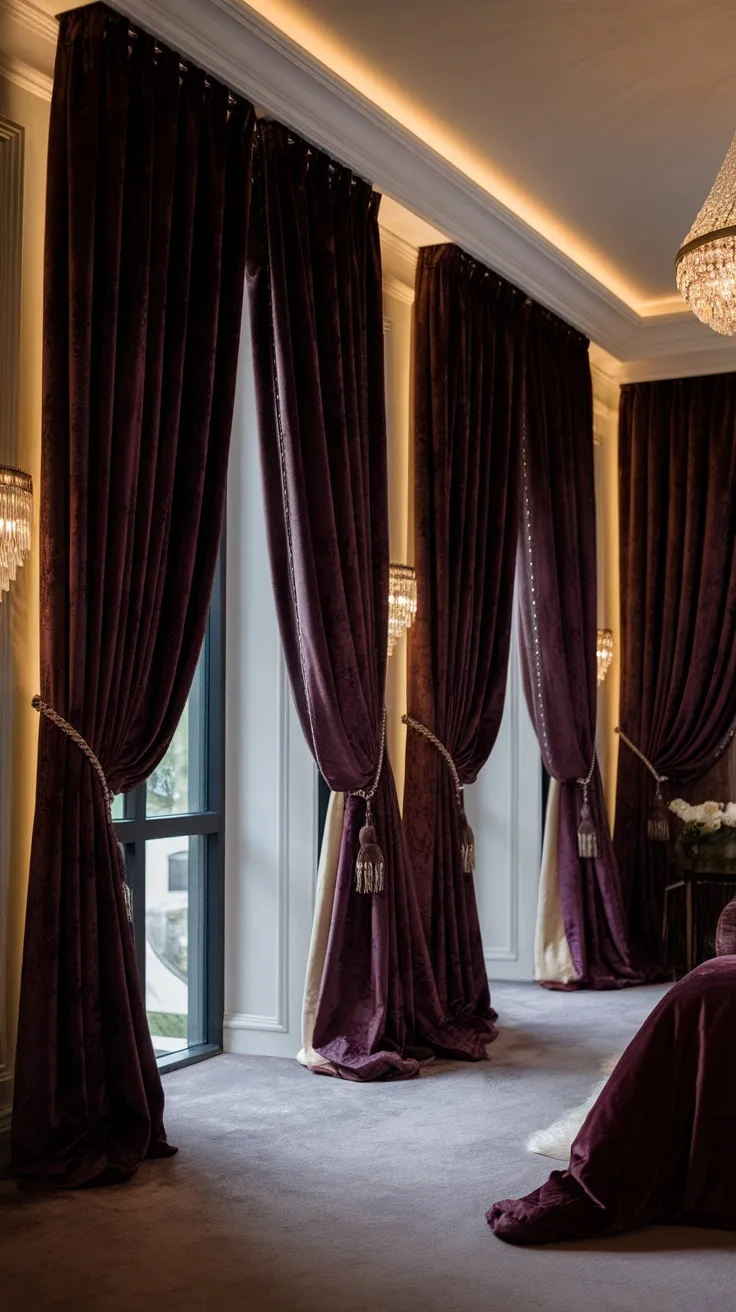 A bedroom featuring dark purple velvet curtains, elegantly framing large windows.